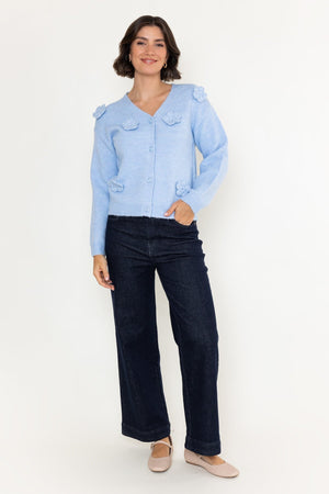 Carraig Donn Blue Knitted Floral Applique V-Neck Long Sleeve Cardigan