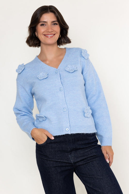 Blue Knitted Floral Applique V-Neck Long Sleeve Cardigan