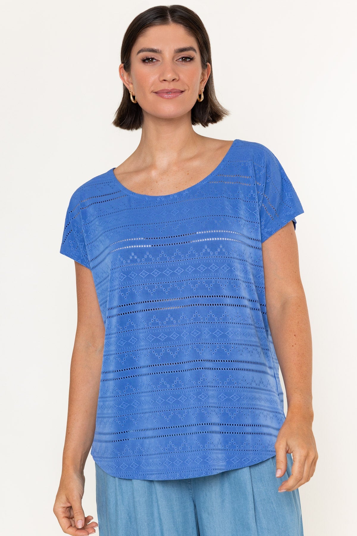 Blue Laser Cut Round Neck Cap Sleeve Top
