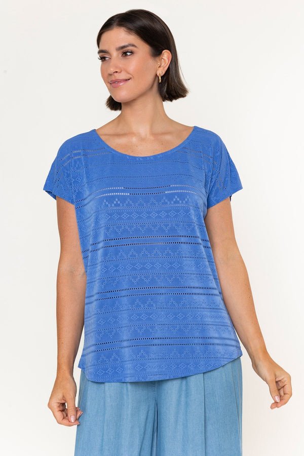 Carraig Donn Blue Laser Cut Round Neck Cap Sleeve Top