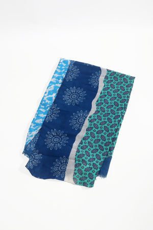 Carraig Donn Blue Mixed Pattern Print Cotton & Viscose Blend Scarf