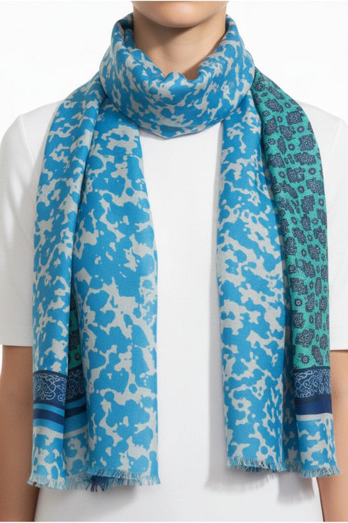 Blue Mixed Pattern Print Cotton & Viscose Blend Scarf