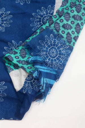 Carraig Donn Blue Mixed Pattern Print Cotton & Viscose Blend Scarf