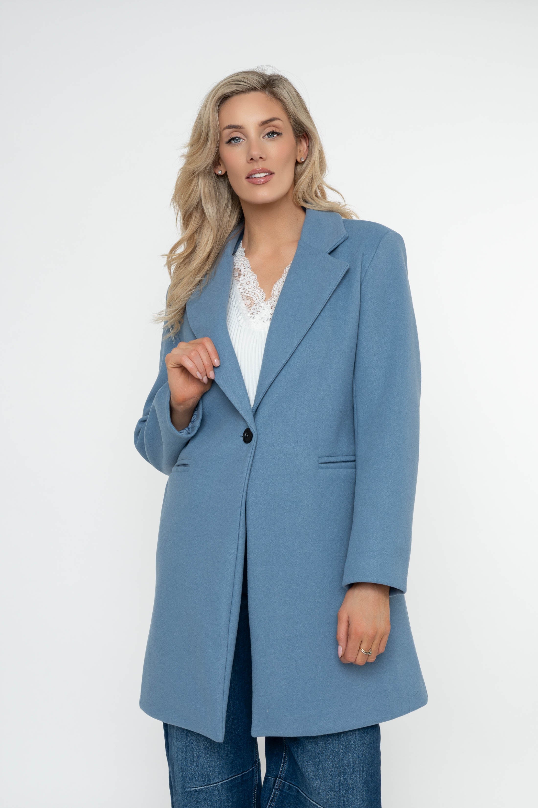 Blue One Button Longline Coat
