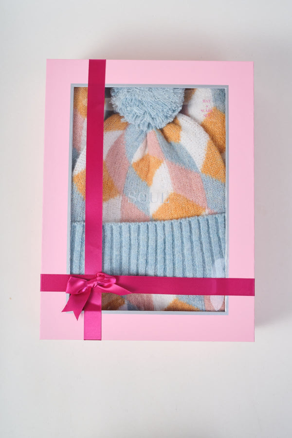 Carraig Donn Blue & Orange Knit Geometric Print Hat & Scarf Gift Set