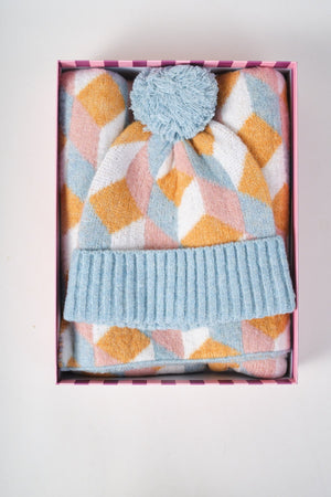 Carraig Donn Blue & Orange Knit Geometric Print Hat & Scarf Gift Set