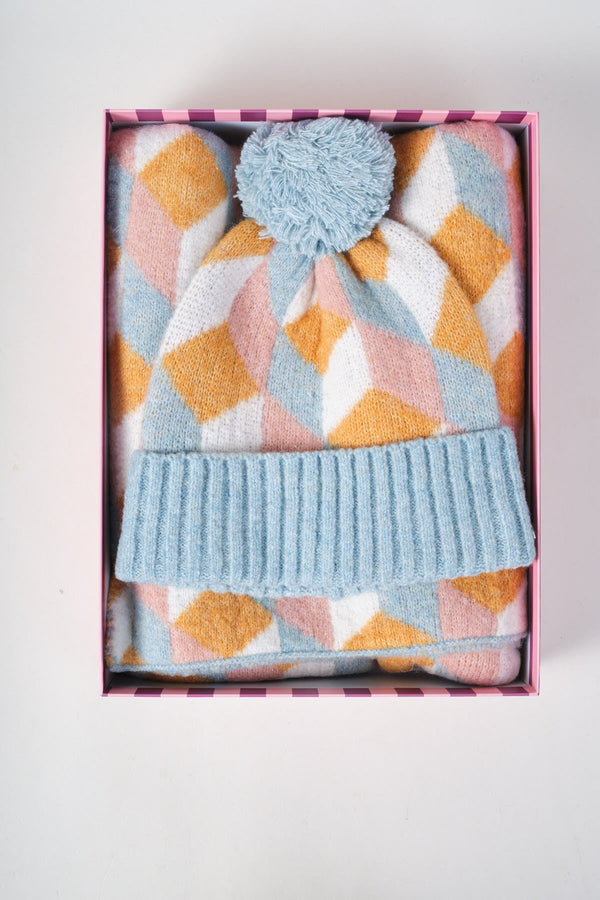 Carraig Donn Blue & Orange Knit Geometric Print Hat & Scarf Gift Set