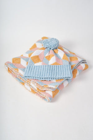 Carraig Donn Blue & Orange Knit Geometric Print Hat & Scarf Gift Set