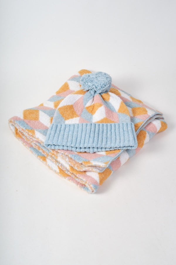 Carraig Donn Blue & Orange Knit Geometric Print Hat & Scarf Gift Set