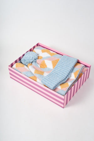 Carraig Donn Blue & Orange Knit Geometric Print Hat & Scarf Gift Set