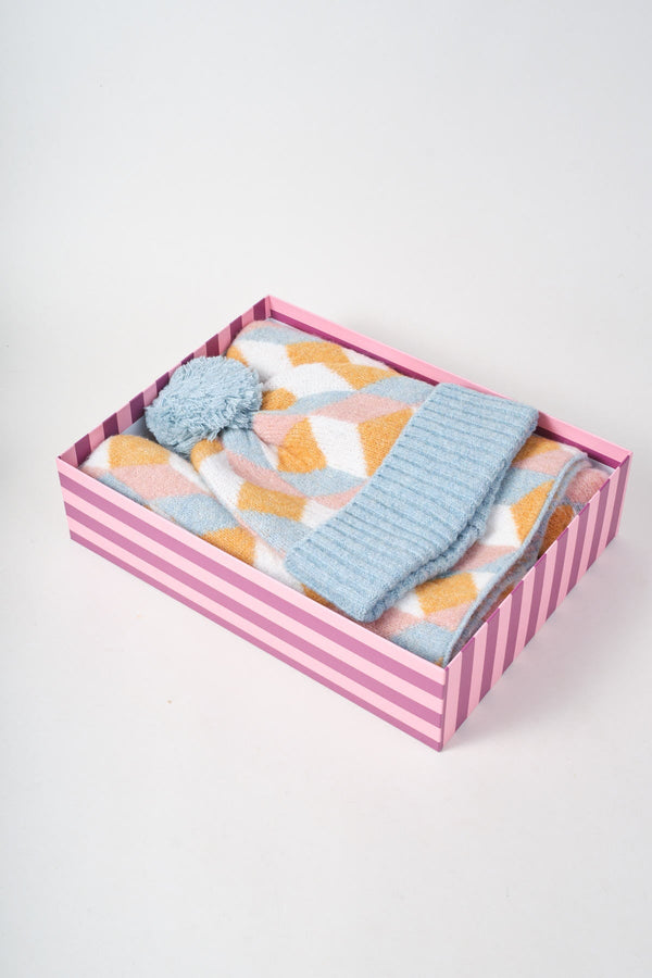 Carraig Donn Blue & Orange Knit Geometric Print Hat & Scarf Gift Set