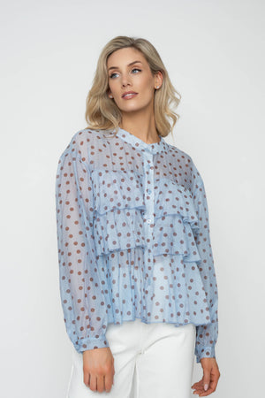 Carraig Donn Blue Polka Dot Print Ruffle Blouse