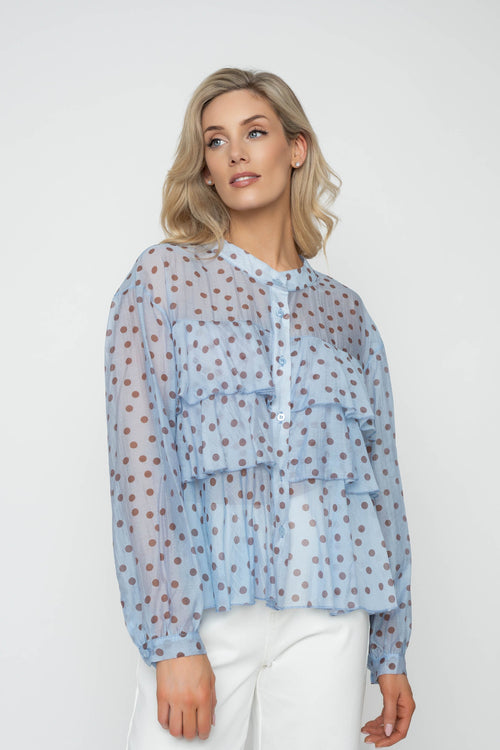 Blue Polka Dot Print Ruffle Long Sleeve Blouse