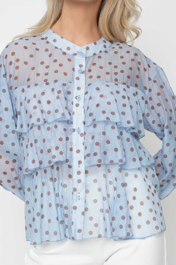 Carraig Donn Blue Polka Dot Print Ruffle Blouse
