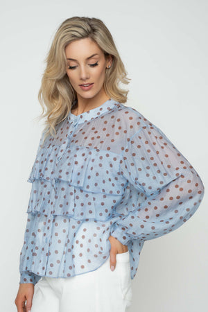 Carraig Donn Blue Polka Dot Print Ruffle Blouse