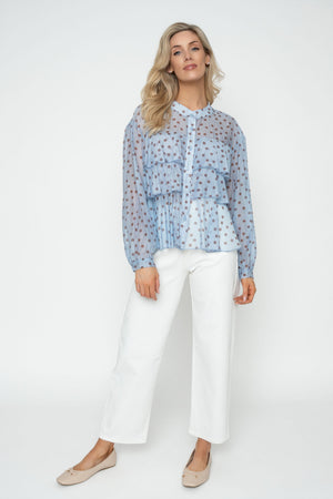 Carraig Donn Blue Polka Dot Print Ruffle Blouse
