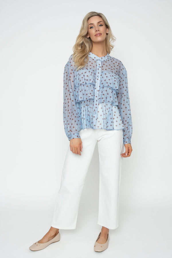 Carraig Donn Blue Polka Dot Print Ruffle Blouse