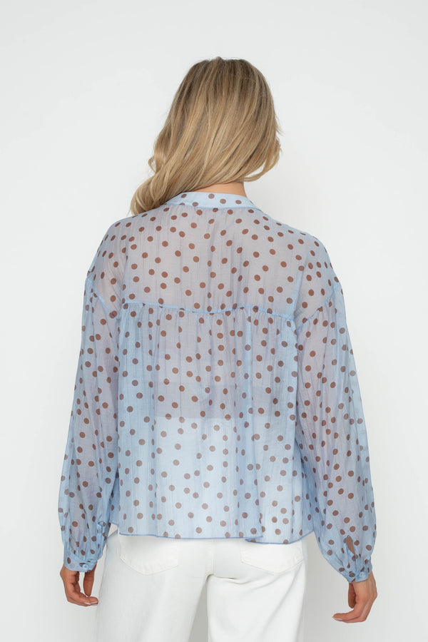 Carraig Donn Blue Polka Dot Print Ruffle Blouse