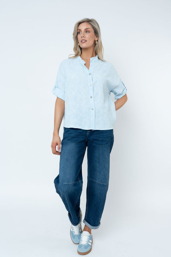Carraig Donn Blue Print Button Down 3/4 Sleeve Blouse