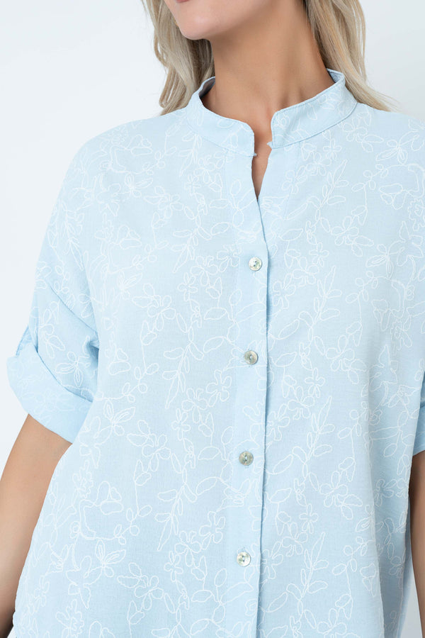 Carraig Donn Blue Print Button Down 3/4 Sleeve Blouse