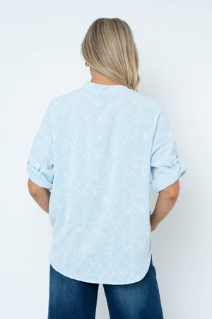 Carraig Donn Blue Print Button Down 3/4 Sleeve Blouse