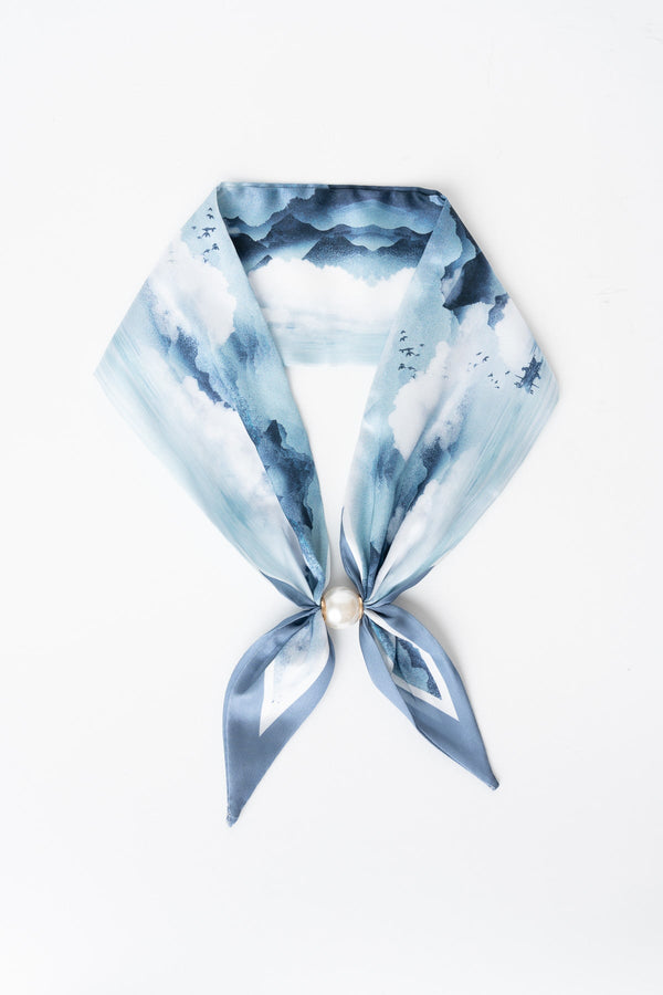 Carraig Donn Blue Print Satin Pearl Clasp Neckerchief Scarf
