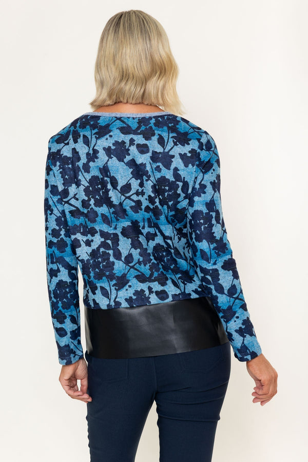 Carraig Donn Blue Printed PU Detail Long Sleeve Top