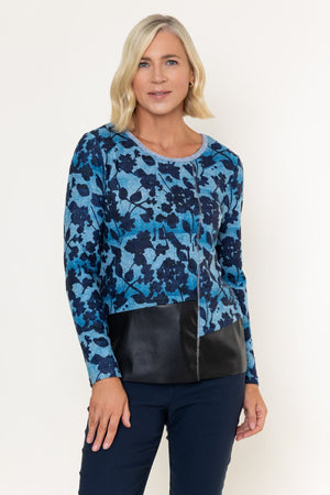 Carraig Donn Blue Printed PU Detail Long Sleeve Top