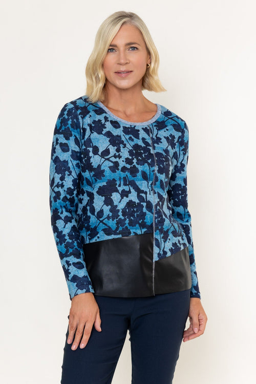 Blue Printed PU Detail Long Sleeve Top