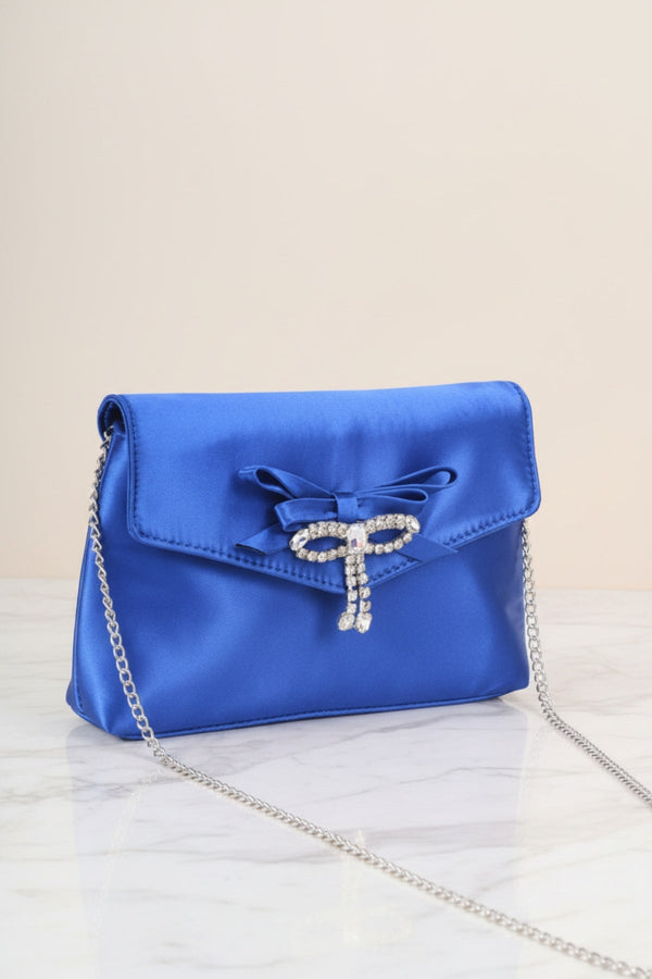 Carraig Donn Blue Satin Diamante Bow Envelope Clutch Bag
