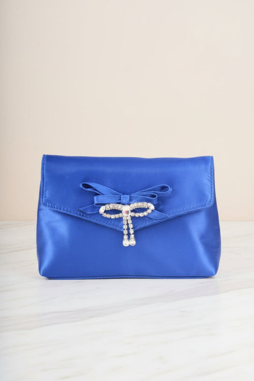 Blue Satin Diamante Bow Envelope Clutch Bag