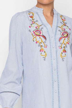 Carraig Donn Blue Striped Floral Embroidered Long Sleeve Shirt