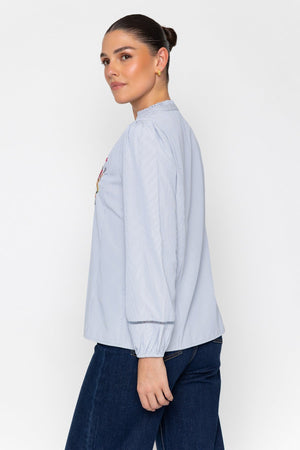 Carraig Donn Blue Striped Floral Embroidered Long Sleeve Shirt