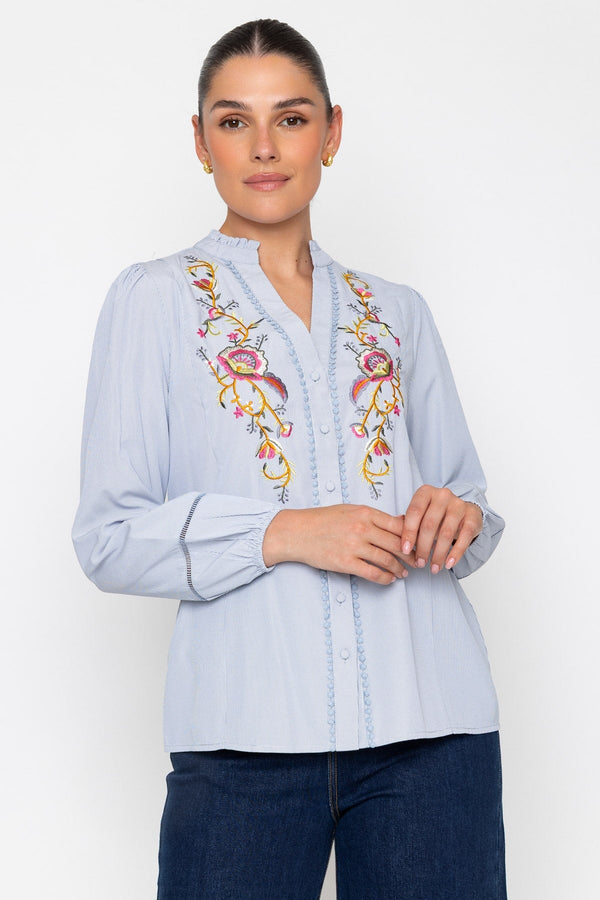 Carraig Donn Blue Striped Floral Embroidered Long Sleeve Shirt