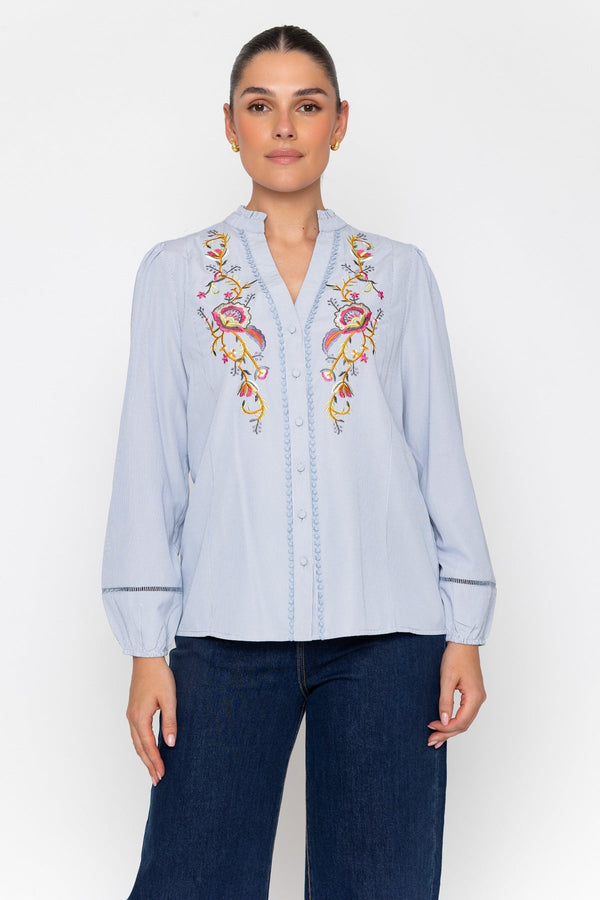Carraig Donn Blue Striped Floral Embroidered Long Sleeve Shirt