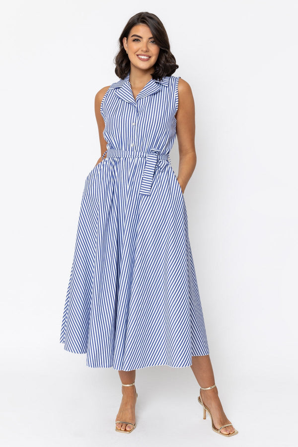 Carraig Donn Blue Striped Sleeveless Shirt Dress