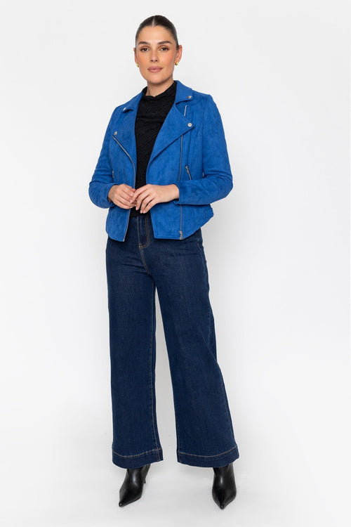 Blue Suedette Regular Fit Biker Asymmetric Zip Long Sleeve Jacket