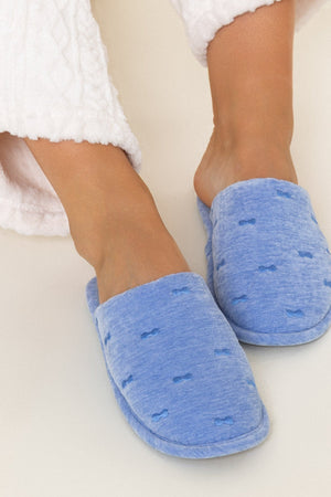 Carraig Donn Blue Velour Embroidered Bow Faux Fur Lining Mule Slippers