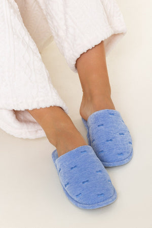 Carraig Donn Blue Velour Embroidered Bow Faux Fur Lining Mule Slippers