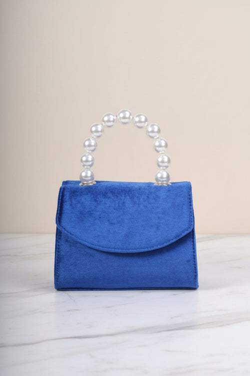 Blue Velvet Pearl Top Handle Clutch Bag