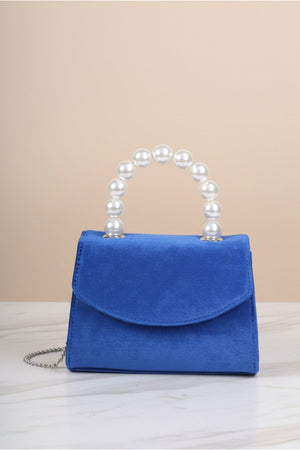 Carraig Donn Blue Velvet Pearl Top Handle Clutch Bag