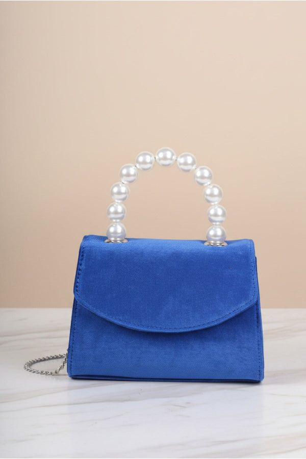 Carraig Donn Blue Velvet Pearl Top Handle Clutch Bag