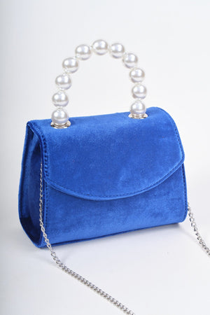 Carraig Donn Blue Velvet Pearl Top Handle Clutch Bag