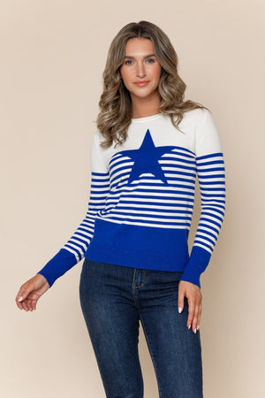 Carraig Donn Blue Viscose Blend Regular Fit Star and Stripe Pattern Long Sleeve Jumper