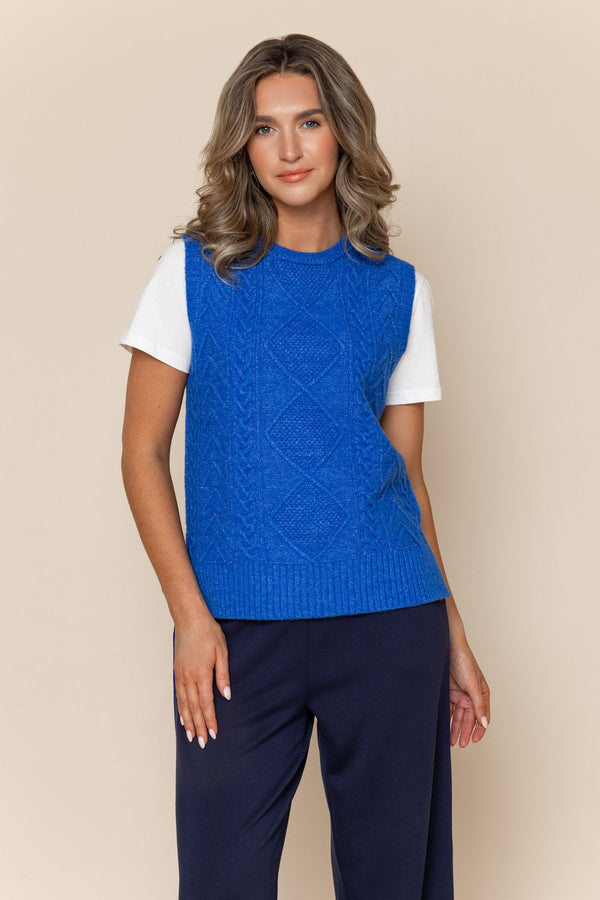 Carraig Donn Blue Wool Blend Regular Fit Cable Knit Sleeveless Vest