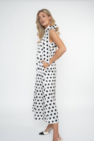 Carraig Donn Bonnie Black & White Polka Dot Satin Sleeveless Midi Dress