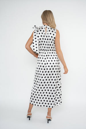 Carraig Donn Bonnie Black & White Polka Dot Satin Sleeveless Midi Dress