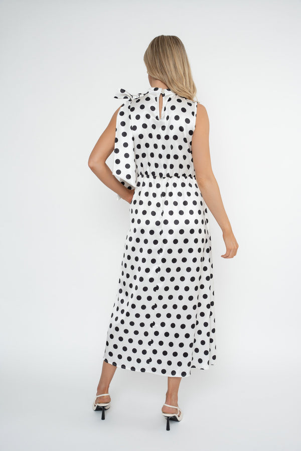 Carraig Donn Bonnie Black & White Polka Dot Satin Sleeveless Midi Dress