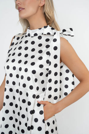 Carraig Donn Bonnie Black & White Polka Dot Satin Sleeveless Midi Dress