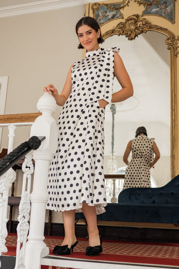 Carraig Donn Bonnie Black & White Polka Dot Satin Sleeveless Midi Dress